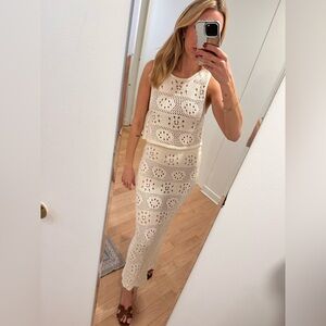 Cream Crochet Two-Piece Set | Top + Midi Skirt